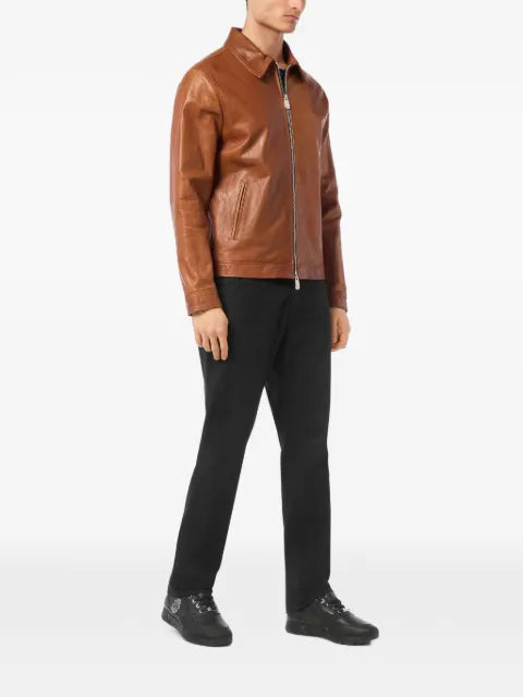 Billionaire logo-embroidered leather jacket
