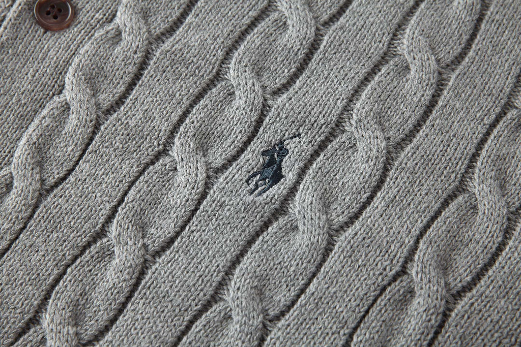 Polo Ralph Lauren Men’s Cable‑Knit Collared Button‑Up Cardigan With Navy Pony Embroidery
