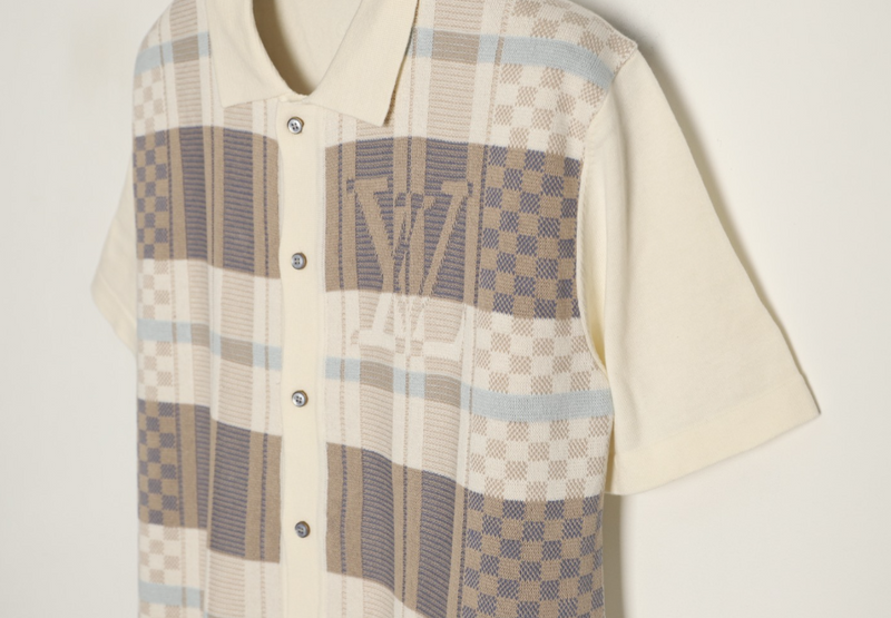 Check Knit Button-Up Polo Shirt – Cream