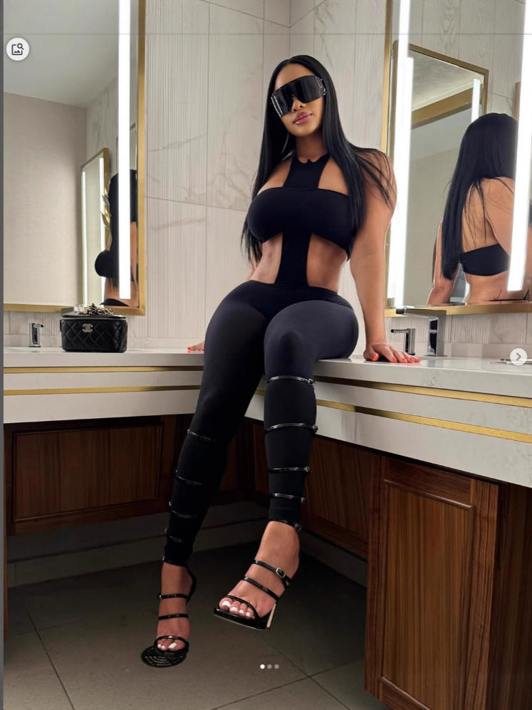 NiiHAi Cutout Halter Crop Top High Waist Leggings 2 Piece Set Women