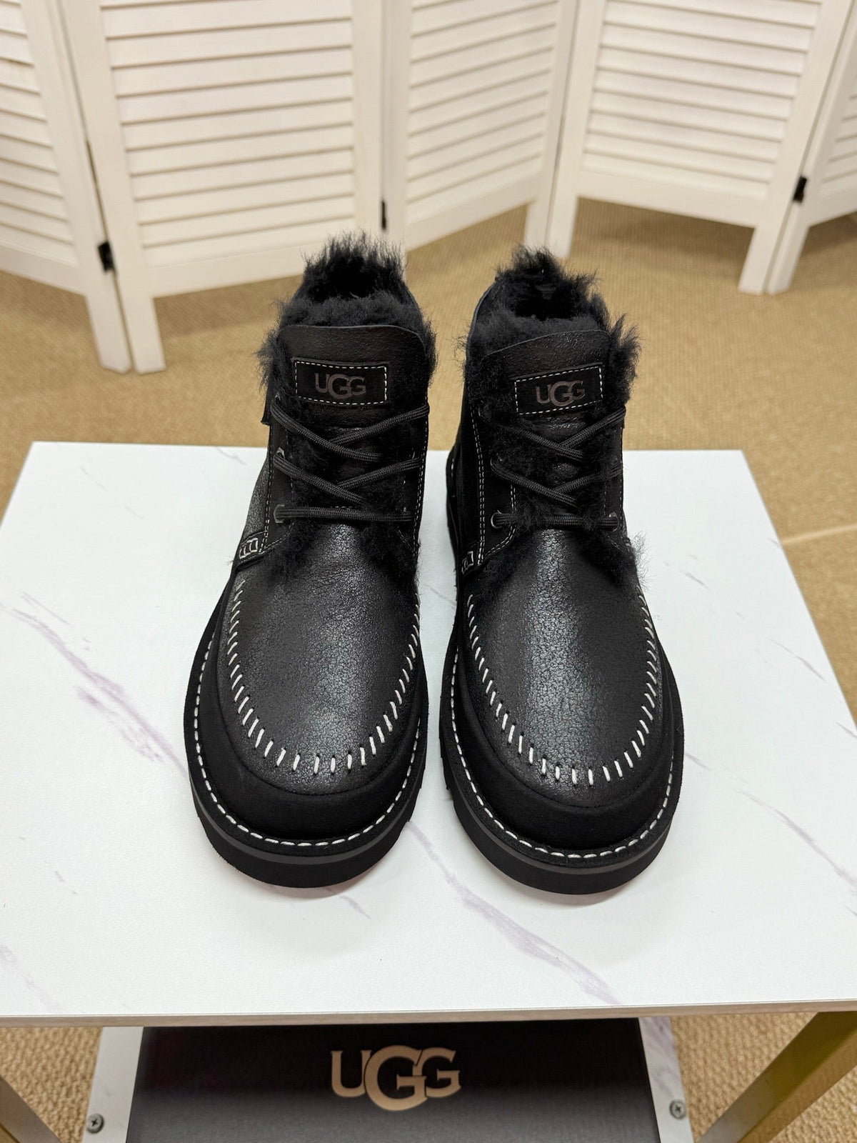 UGG Black Shearling-Collar Leather Boots