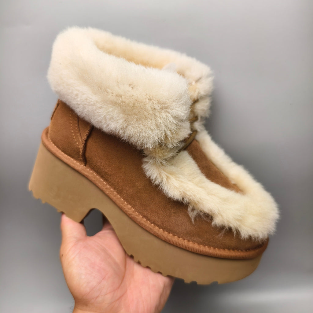 Chestnut Fluffy Lace-Up Wedge Ankle Boots — New Arrival | In Stock