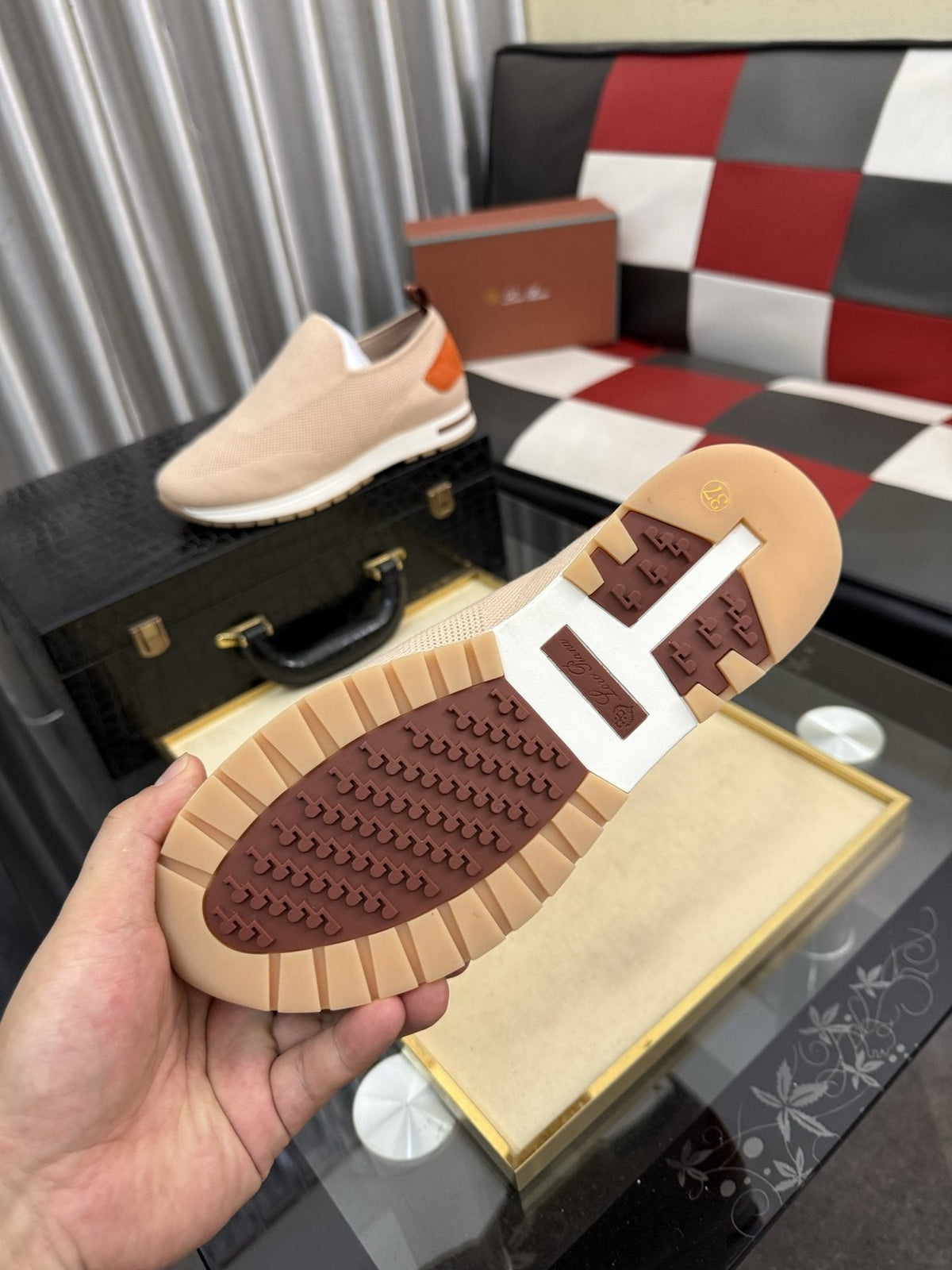 Men's Beige Slip-On Sneakers with Orange-Brown Heel Accent