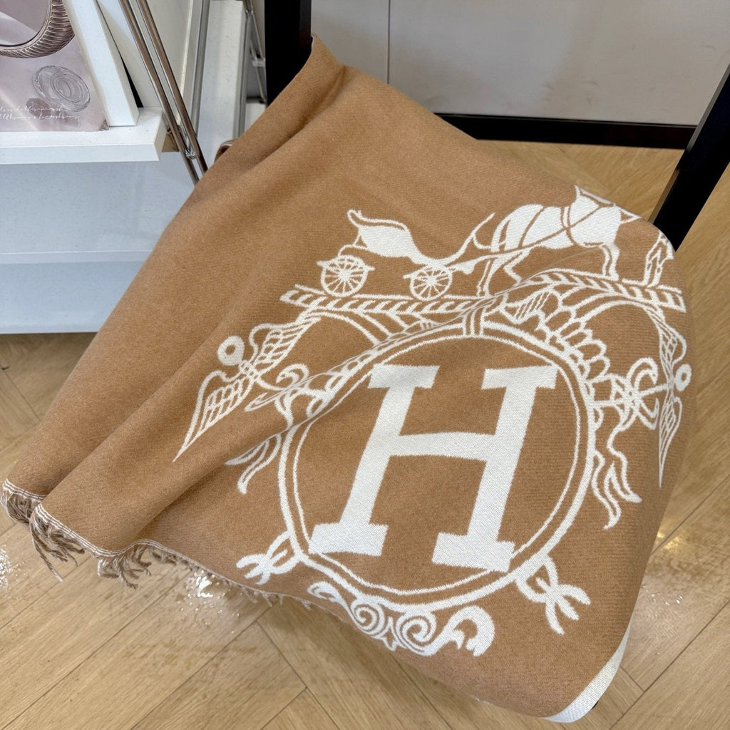 Fringed Knit Scarf with Ornamental Motif