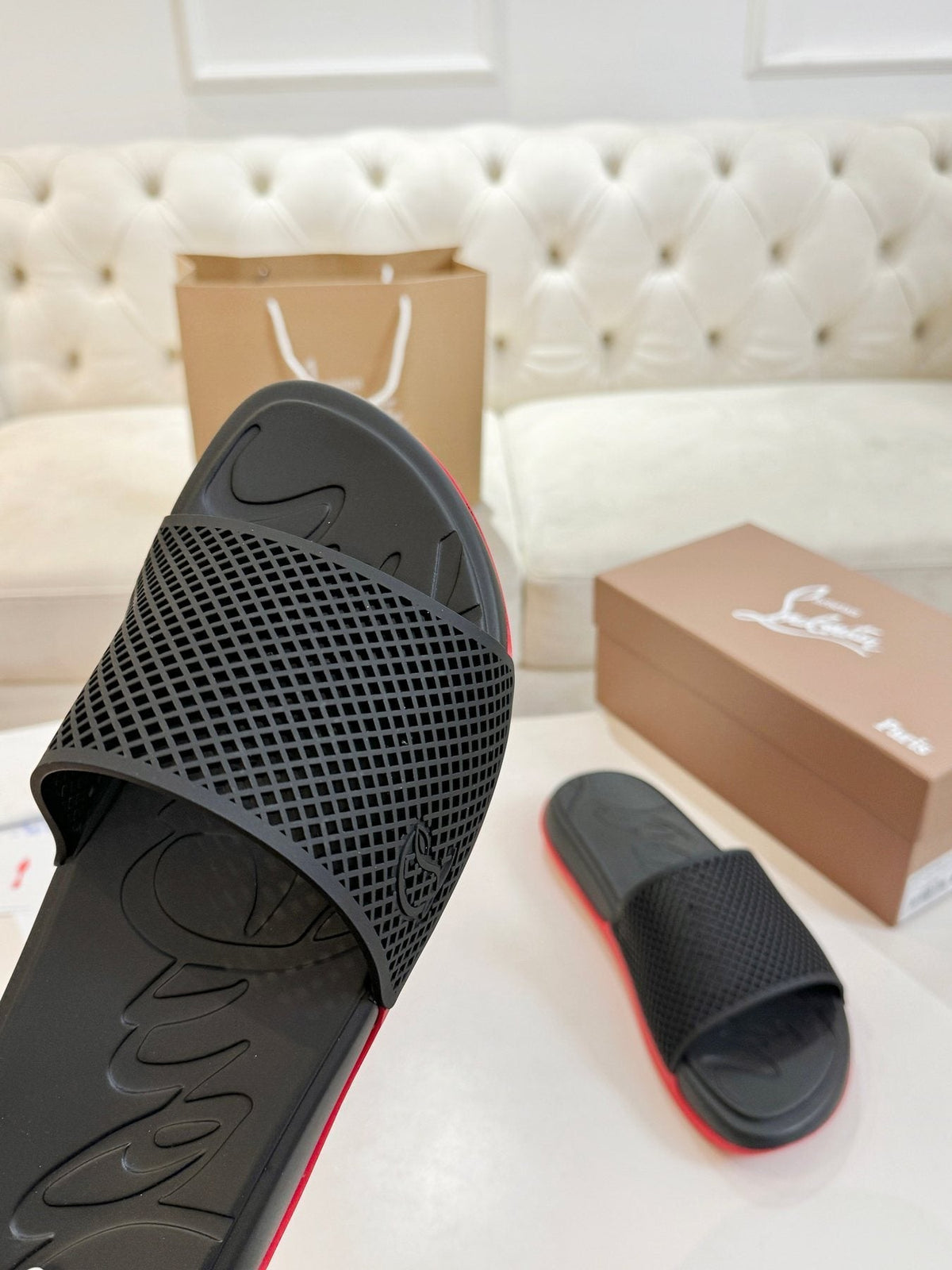 Christian Louboutin Men's Black Red Sole Slide Sandals