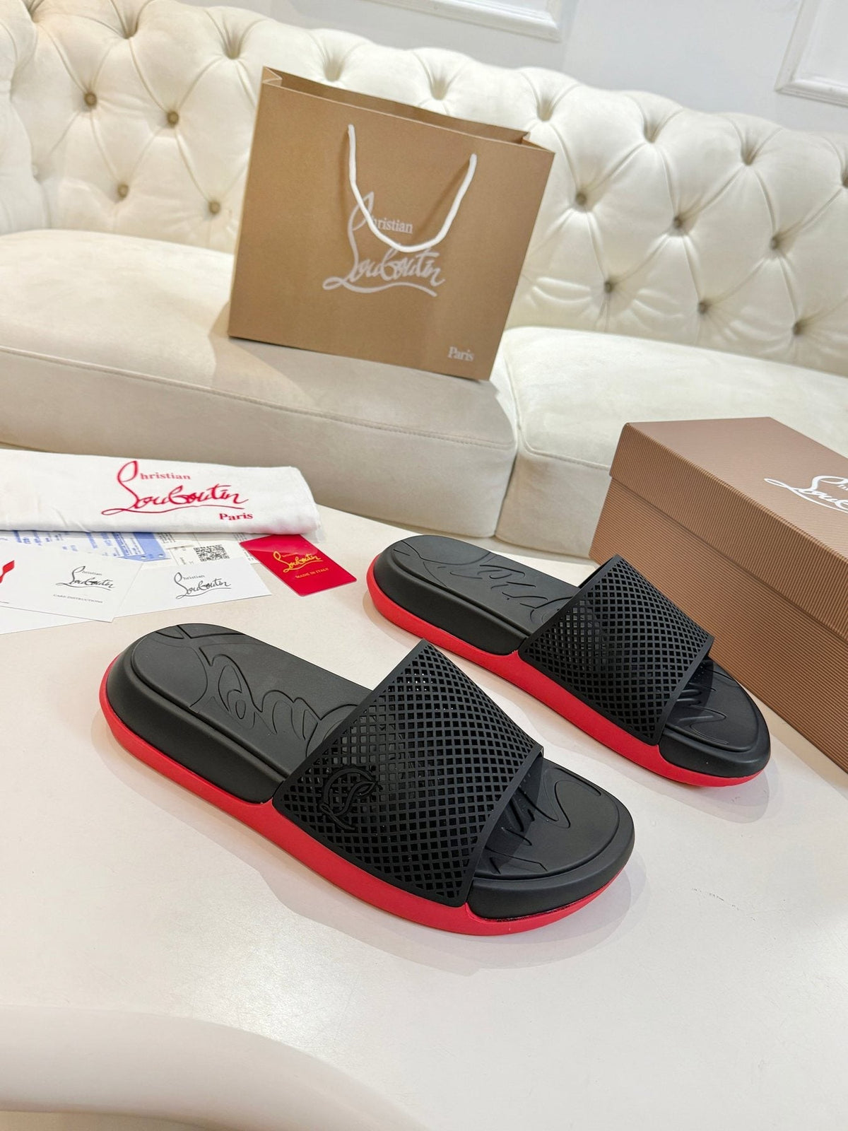 Christian Louboutin Men's Black Red Sole Slide Sandals