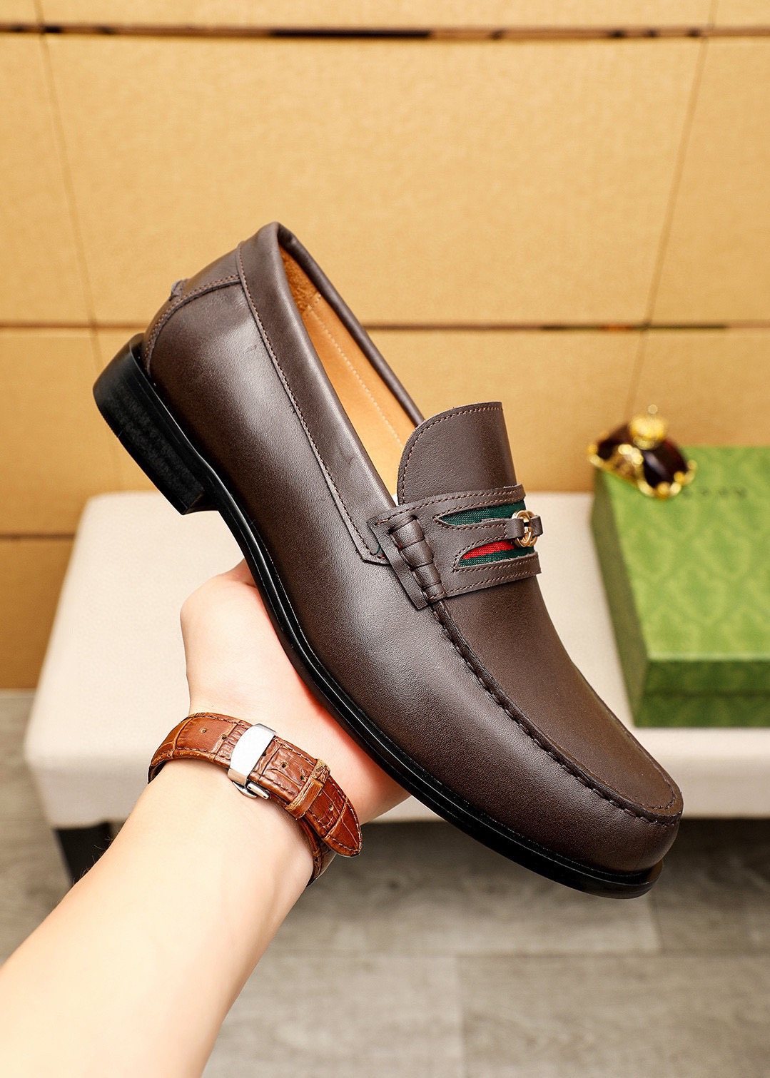 Gucci Web Stripe Leather Loafers
